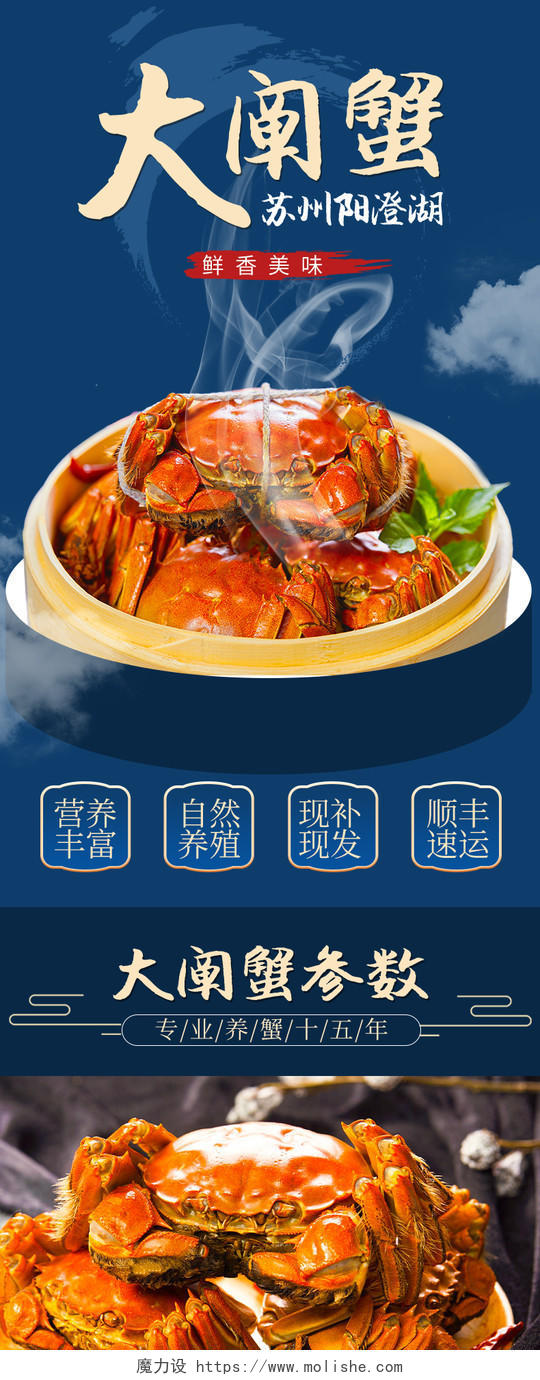 蓝色中国风美味大闸蟹螃蟹详情页
